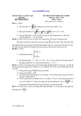 Đề thi tuyển sinh lớp 10 THPT - Hà Nội năm học 2012 2013 môn Toán